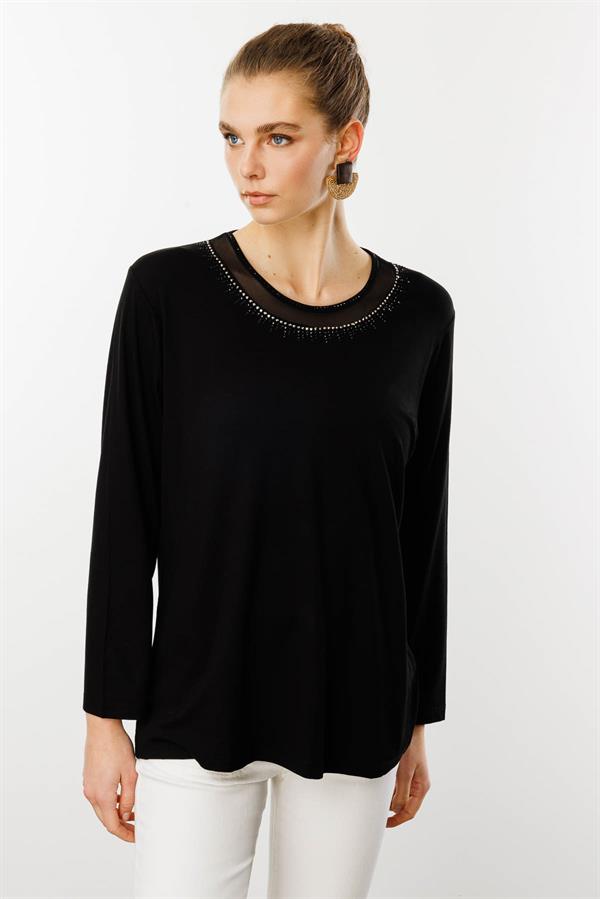 Kadın Sıfır Yaka Tül Şeritli Penye Bluz Siyah