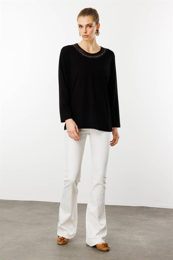 Kadın Sıfır Yaka Tül Şeritli Penye Bluz Siyah