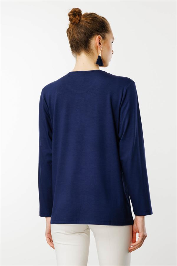 Kadın Sıfır Yaka Tül Şeritli Penye Bluz Lacivert