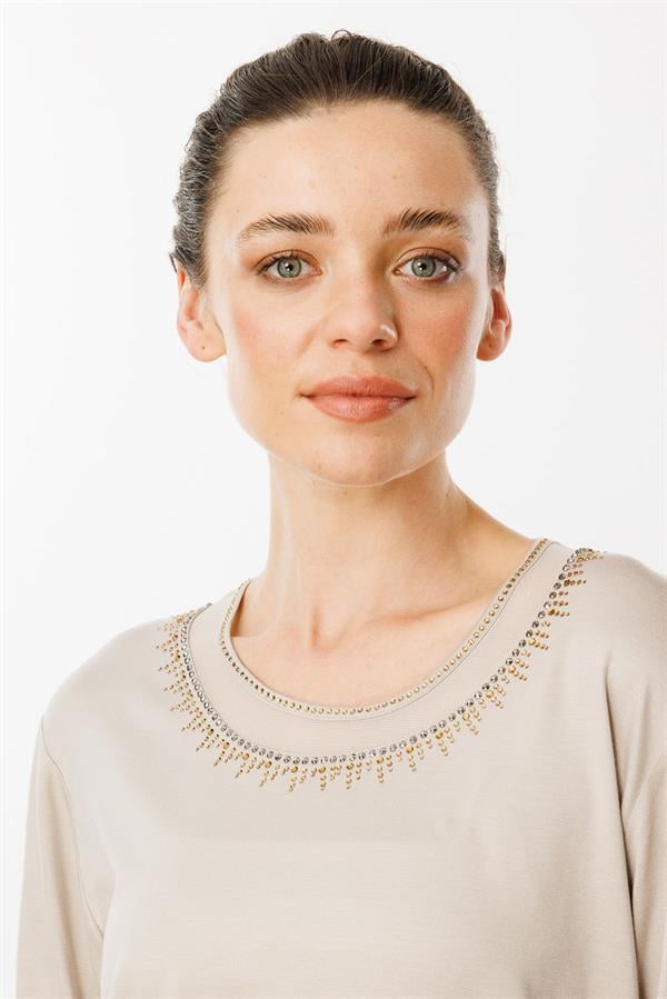 Kadın Sıfır Yaka Tül Şeritli Penye Bluz Bej