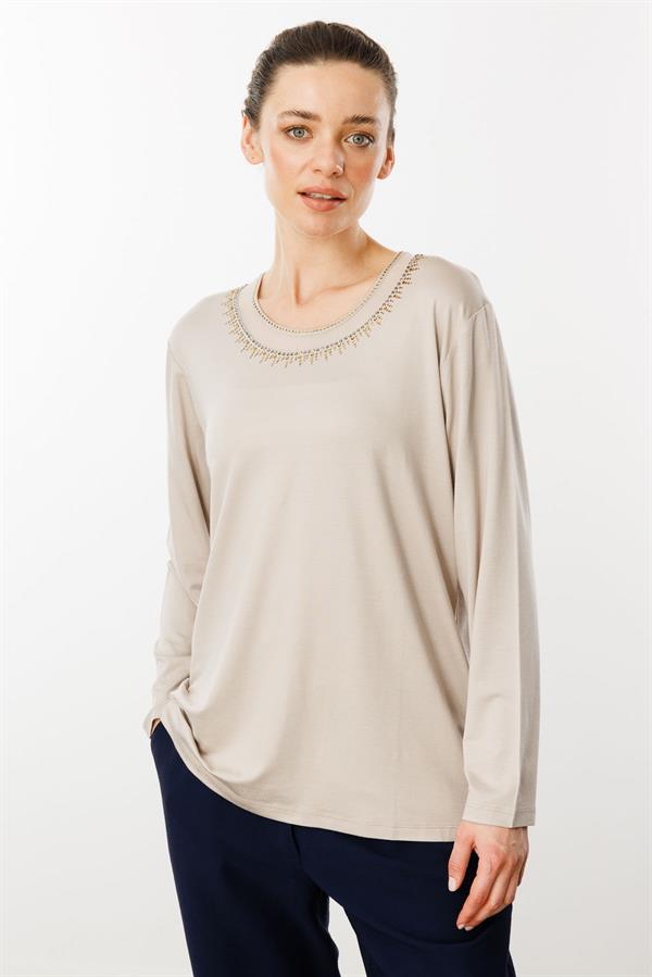 Kadın Sıfır Yaka Tül Şeritli Penye Bluz Bej