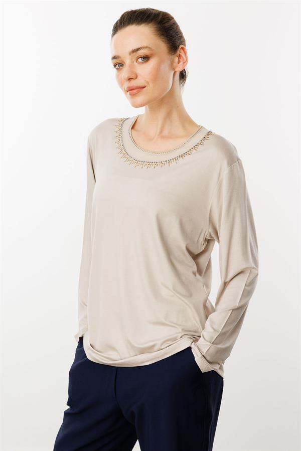 Kadın Sıfır Yaka Tül Şeritli Penye Bluz Bej