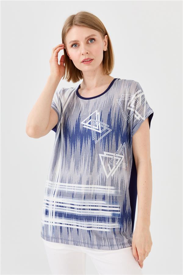 Kadın Sıfır Yaka Üçgen Baskılı Penye T-shirt Lacivert