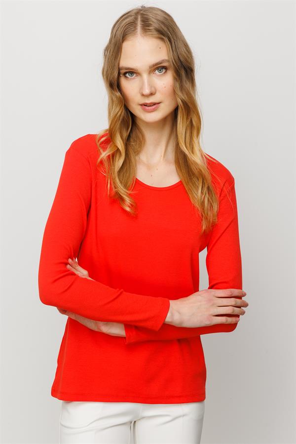 Женская хлопковая базовая блуза с круглым вырезом и длинным рукавом оранжевая