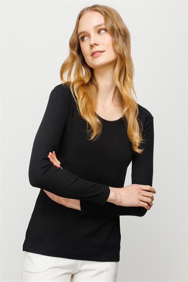 Женская хлопковая базовая блуза с круглым вырезом и длинным рукавом черная