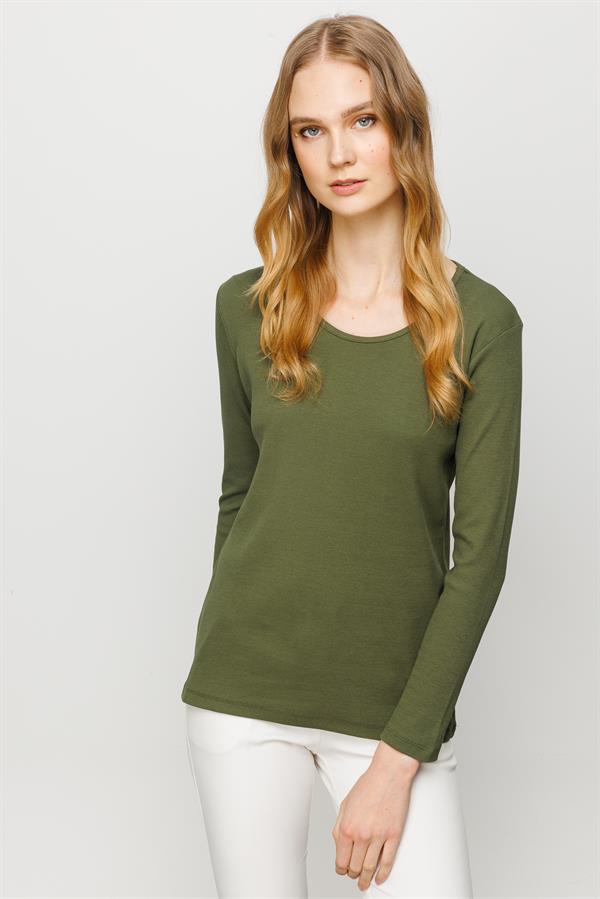 Женская хлопковая базовая блуза с круглым вырезом и длинным рукавом хаки