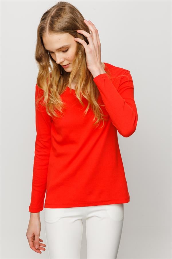 Женская хлопковая базовая блуза с круглым вырезом и длинным рукавом оранжевая