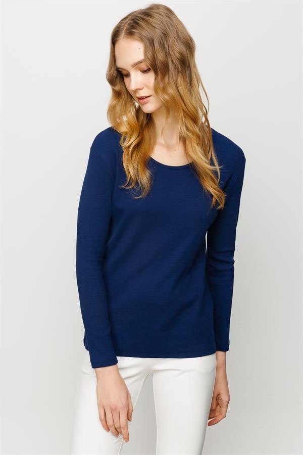 Женская хлопковая базовая блуза с круглым вырезом и длинным рукавом темно синяя