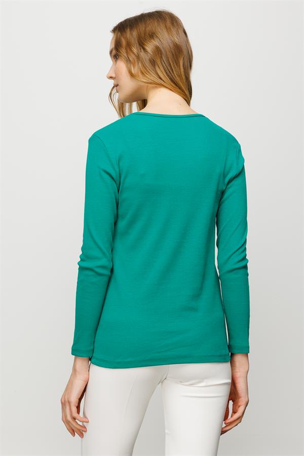 Женская хлопковая базовая блуза с круглым вырезом и длинным рукавом зеленая