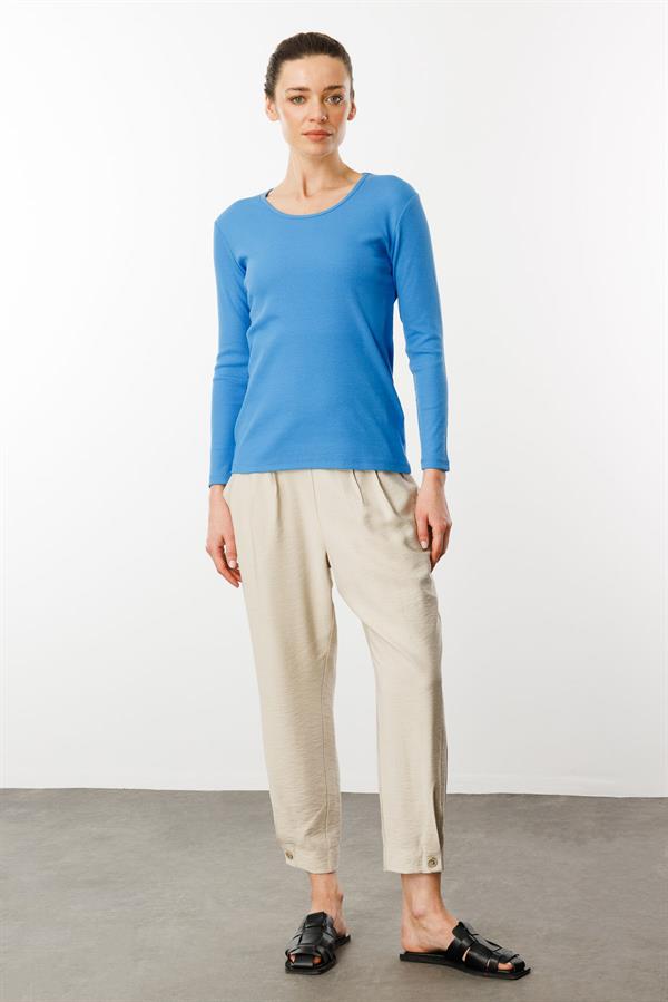 Kadın Sıfır Yaka Uzun Kol Basic Pamuklu Bluz Mavi