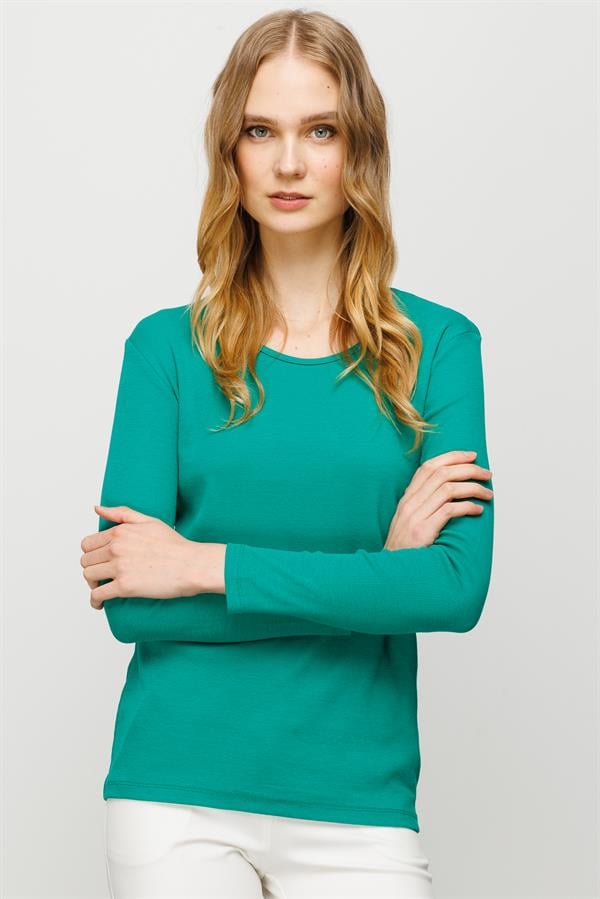 Женская хлопковая базовая блуза с круглым вырезом и длинным рукавом зеленая
