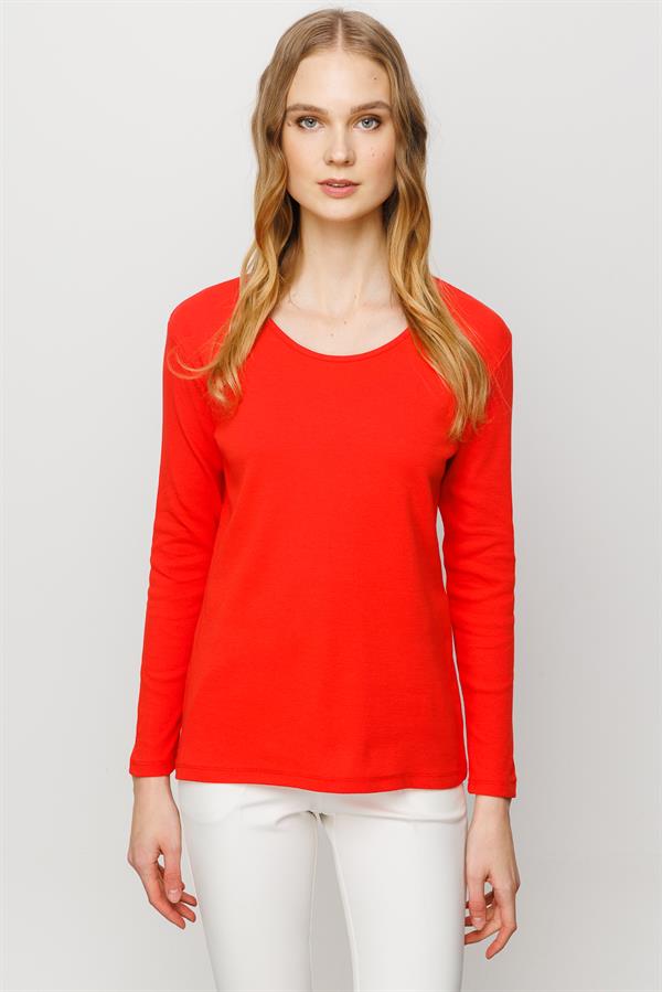 Женская хлопковая базовая блуза с круглым вырезом и длинным рукавом оранжевая