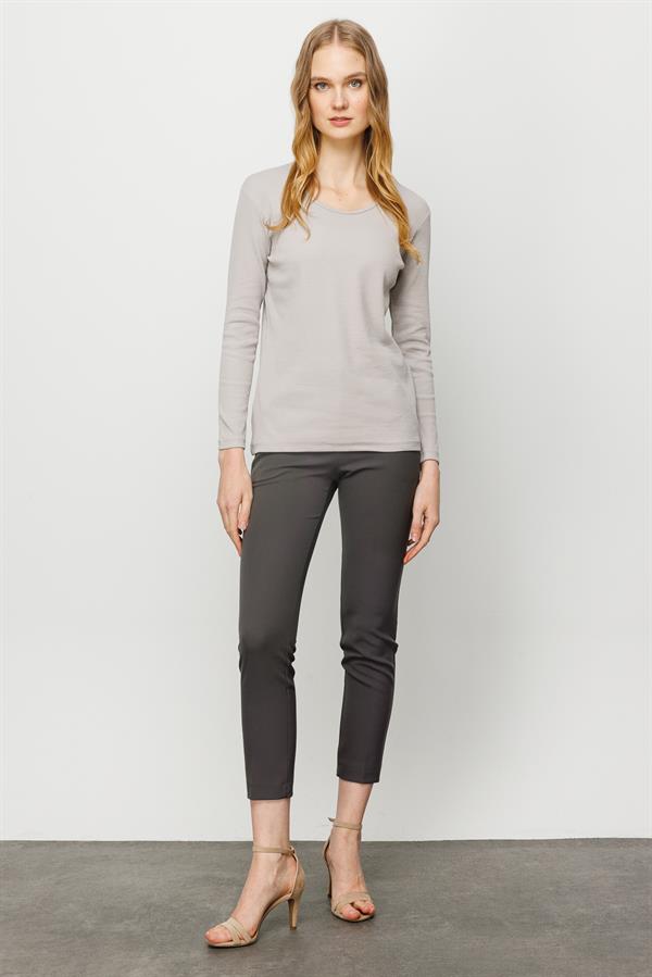 Женская хлопковая базовая блуза с круглым вырезом и длинным рукавом серая