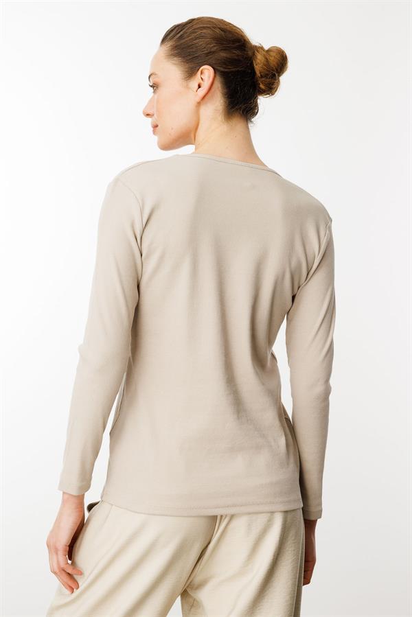 Kadın Sıfır Yaka Uzun Kol Basic Pamuklu Bluz Bej
