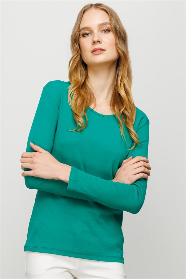 Женская хлопковая базовая блуза с круглым вырезом и длинным рукавом зеленая