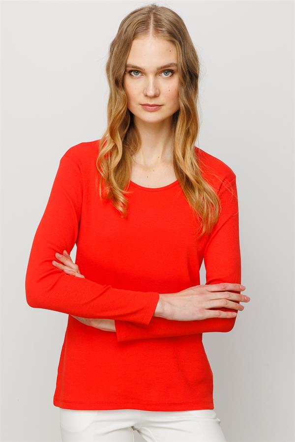 Женская хлопковая базовая блуза с круглым вырезом и длинным рукавом оранжевая