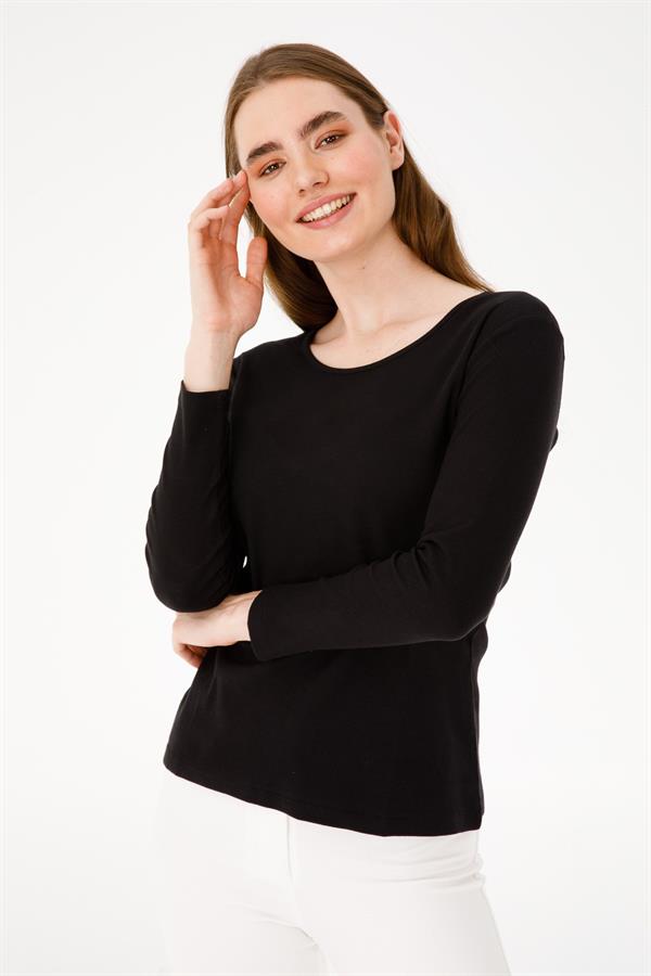 Женская хлопковая базовая блуза с круглым вырезом и длинным рукавом черная
