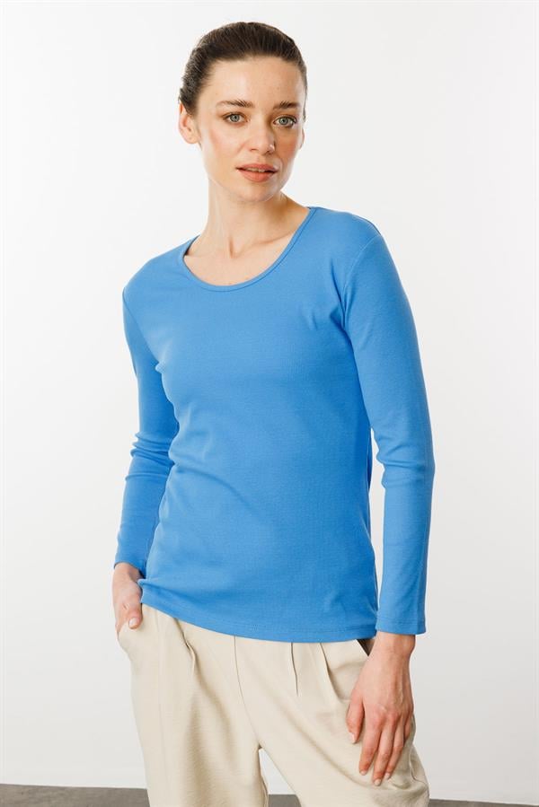 Kadın Sıfır Yaka Uzun Kol Basic Pamuklu Bluz Mavi