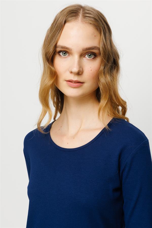 Женская хлопковая базовая блуза с круглым вырезом и длинным рукавом темно синяя