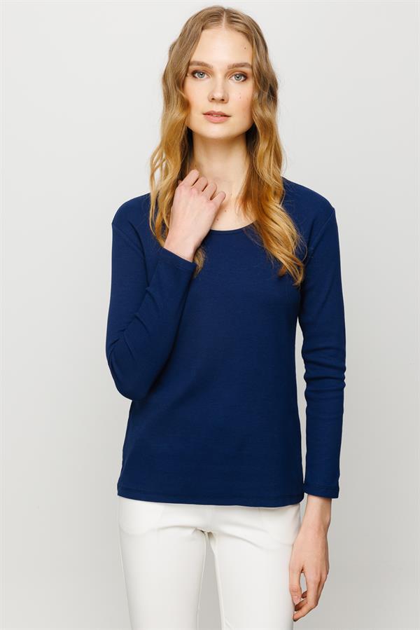 Женская хлопковая базовая блуза с круглым вырезом и длинным рукавом темно синяя