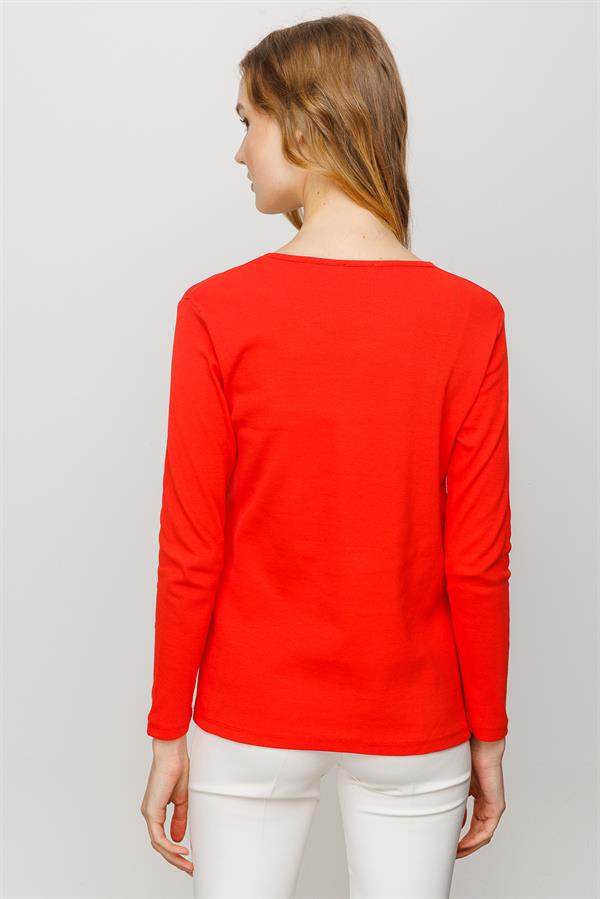 Женская хлопковая базовая блуза с круглым вырезом и длинным рукавом оранжевая