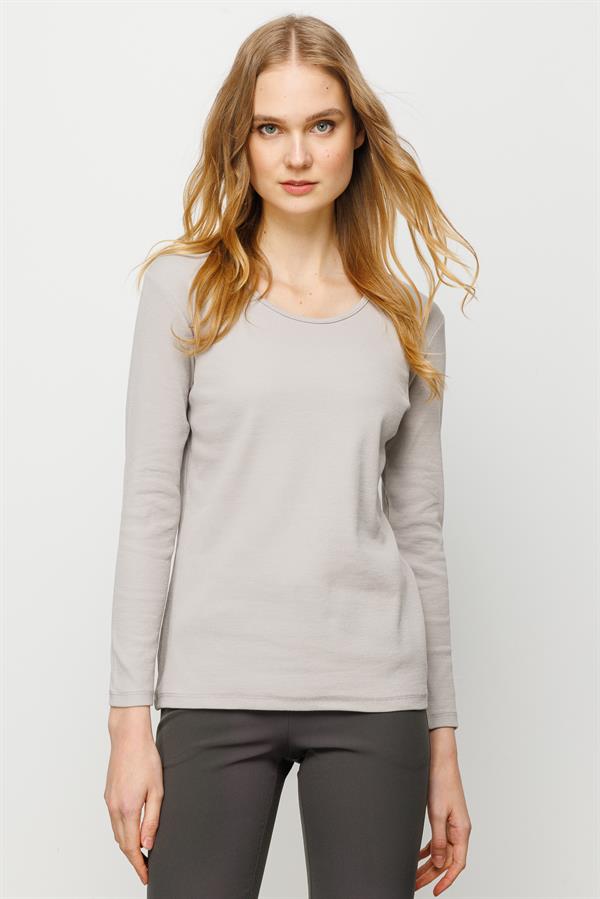 Женская хлопковая базовая блуза с круглым вырезом и длинным рукавом серая