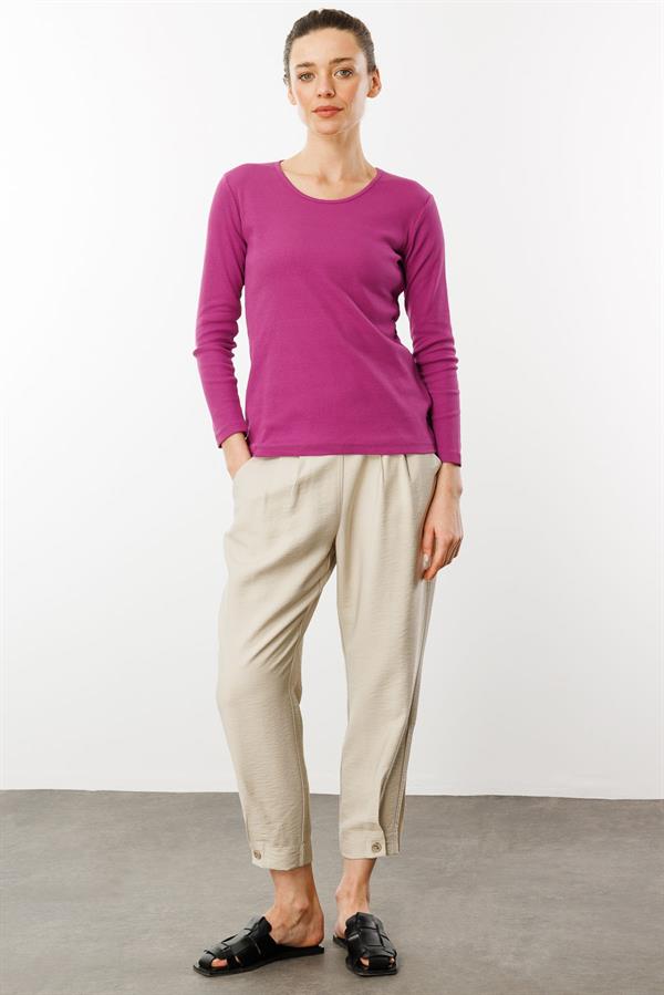 Kadın Sıfır Yaka Uzun Kol Basic Pamuklu Bluz Sıklamen