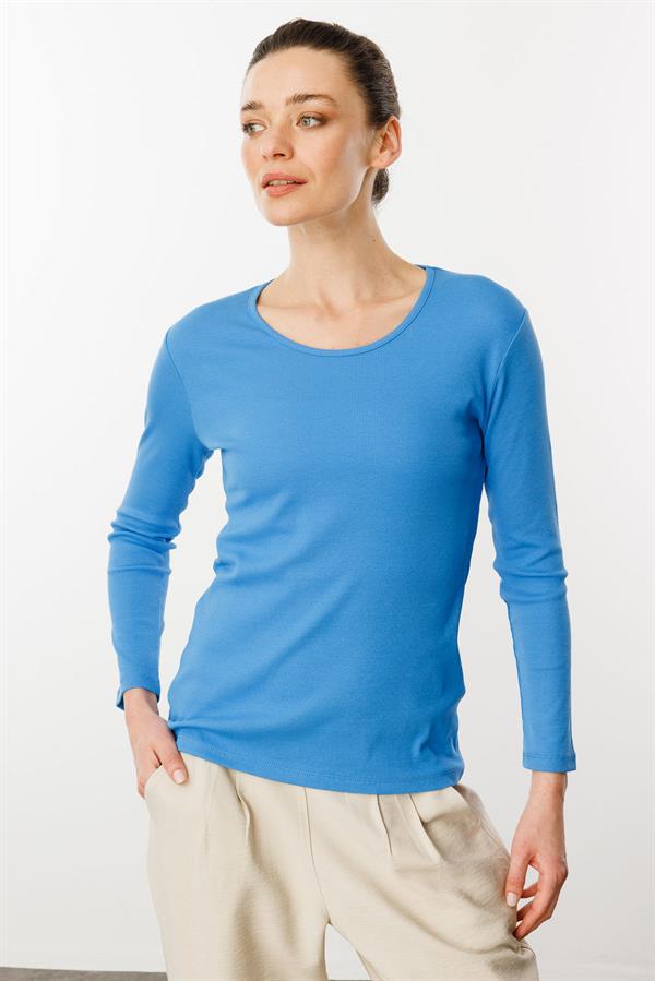 Kadın Sıfır Yaka Uzun Kol Basic Pamuklu Bluz Mavi