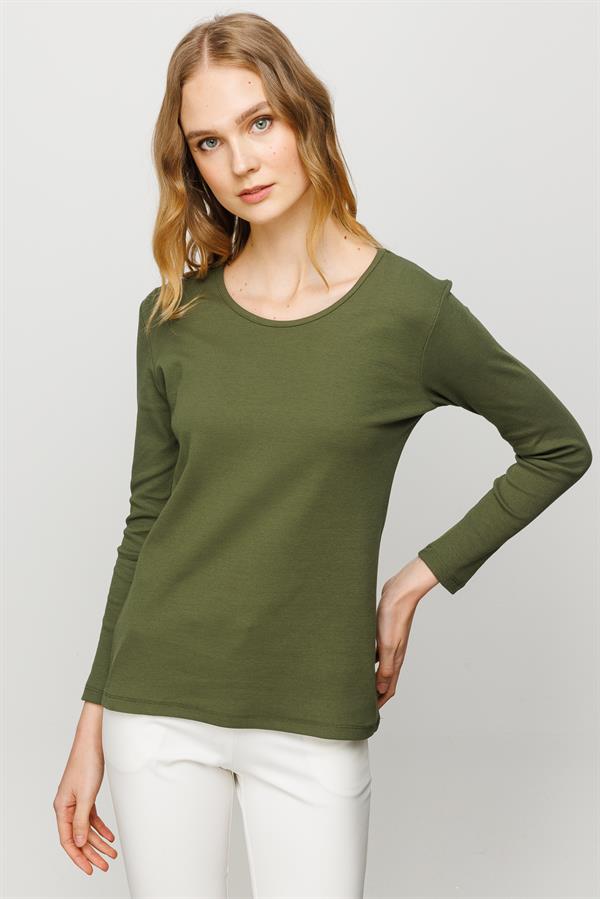 Женская хлопковая базовая блуза с круглым вырезом и длинным рукавом хаки
