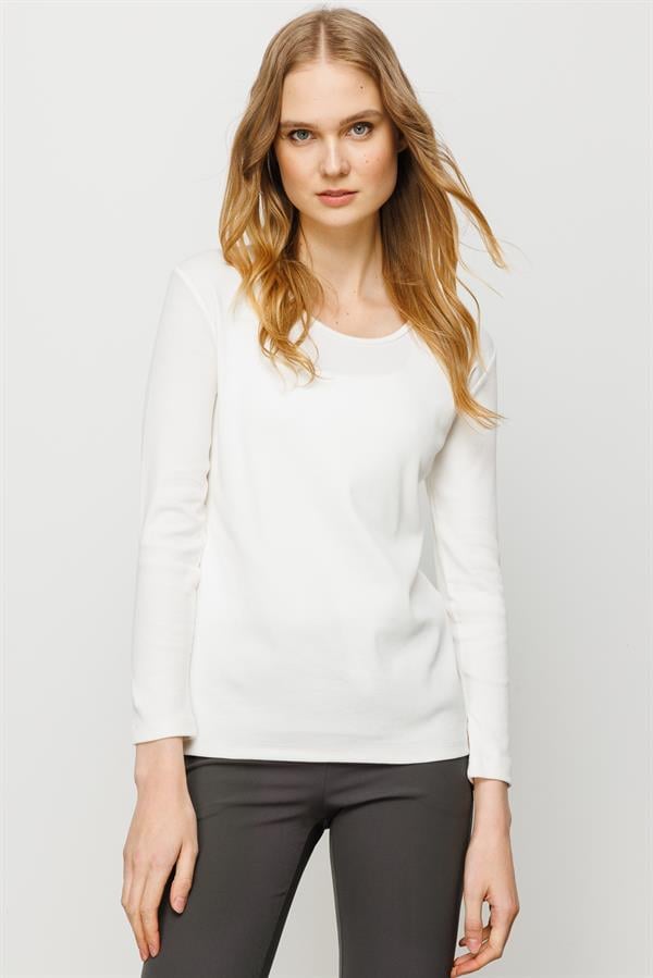 Женская хлопковая базовая блуза с круглым вырезом и длинным рукавом белая