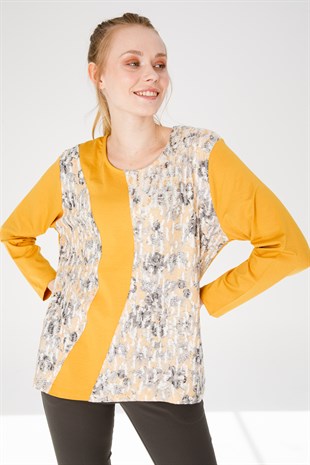 Womens Cotton Blouse With Round Neck Long Sleeves And Floral Print Honey
