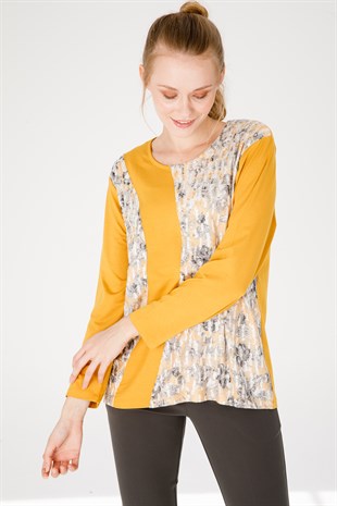 Womens Cotton Blouse With Round Neck Long Sleeves And Floral Print Honey