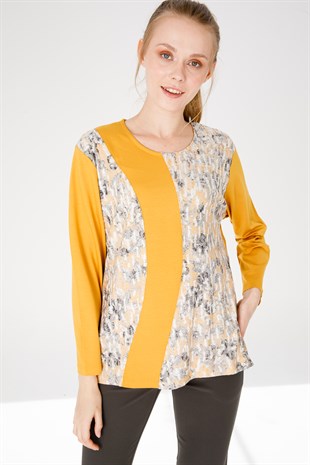 Womens Cotton Blouse With Round Neck Long Sleeves And Floral Print Honey