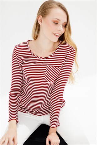 Женский лонгслив в полоску с круглым вырезом и длинным рукавом красного цвета
