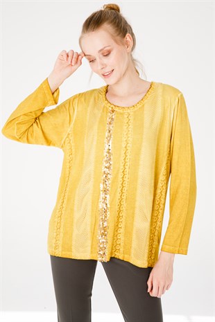 Kadın Sıfır Yaka Uzun Kol Deri İşlemeli Penye Bluz Bal