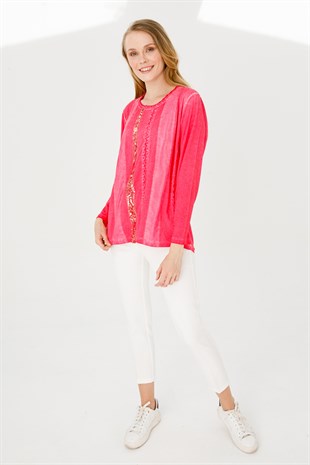 Kadın Sıfır Yaka Uzun Kol Deri İşlemeli Penye Bluz Fuşya