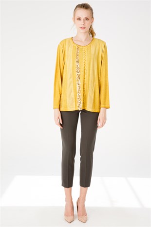 Kadın Sıfır Yaka Uzun Kol Deri İşlemeli Penye Bluz Bal