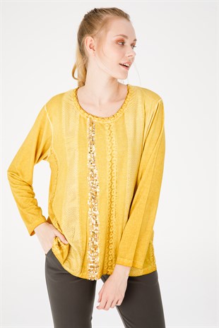 Kadın Sıfır Yaka Uzun Kol Deri İşlemeli Penye Bluz Bal
