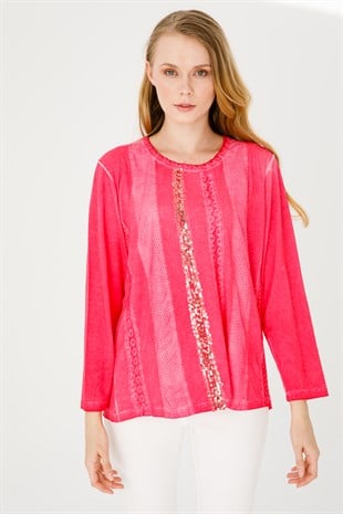 Kadın Sıfır Yaka Uzun Kol Deri İşlemeli Penye Bluz Fuşya