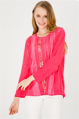 Kadın Sıfır Yaka Uzun Kol Deri İşlemeli Penye Bluz Fuşya