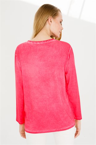Kadın Sıfır Yaka Uzun Kol Deri İşlemeli Penye Bluz Fuşya
