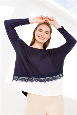 Kadın Sıfır Yaka Uzun Kol Eteği Dantel Parçalı Penye Tunik Lacivert