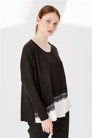 Kadın Sıfır Yaka Uzun Kol Eteği Dantel Parçalı Penye Tunik Siyah