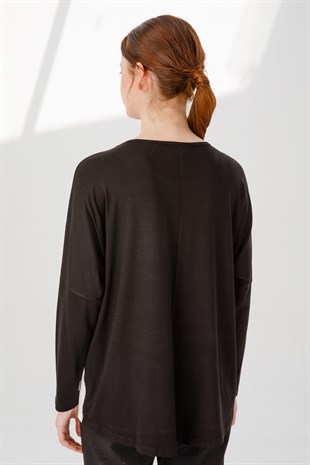 Kadın Sıfır Yaka Uzun Kol Eteği Dantel Parçalı Penye Tunik Siyah