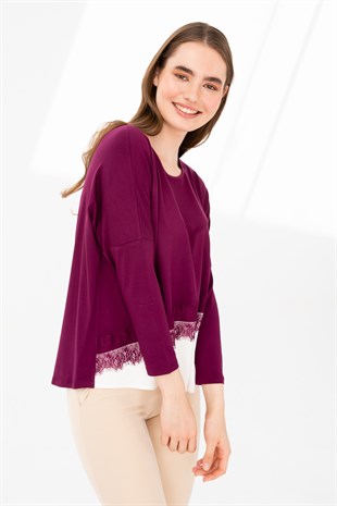 Kadın Sıfır Yaka Uzun Kol Eteği Dantel Parçalı Penye Tunik Mürdüm