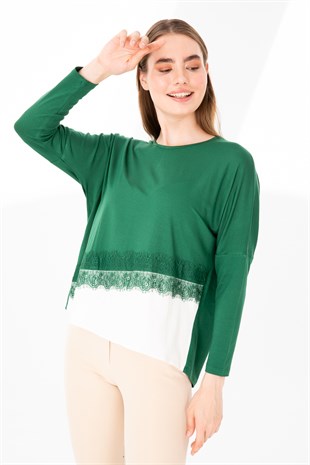 Kadın Sıfır Yaka Uzun Kol Eteği Dantel Parçalı Penye Tunik Nefti