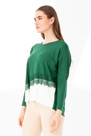 Kadın Sıfır Yaka Uzun Kol Eteği Dantel Parçalı Penye Tunik Nefti