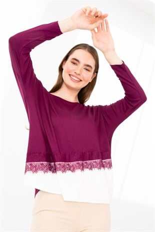 Kadın Sıfır Yaka Uzun Kol Eteği Dantel Parçalı Penye Tunik Mürdüm