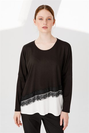 Kadın Sıfır Yaka Uzun Kol Eteği Dantel Parçalı Penye Tunik Siyah