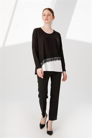 Kadın Sıfır Yaka Uzun Kol Eteği Dantel Parçalı Penye Tunik Siyah